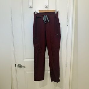 FIGS Women's Cargo Scrub Pants in Wine with Gray Drawstring